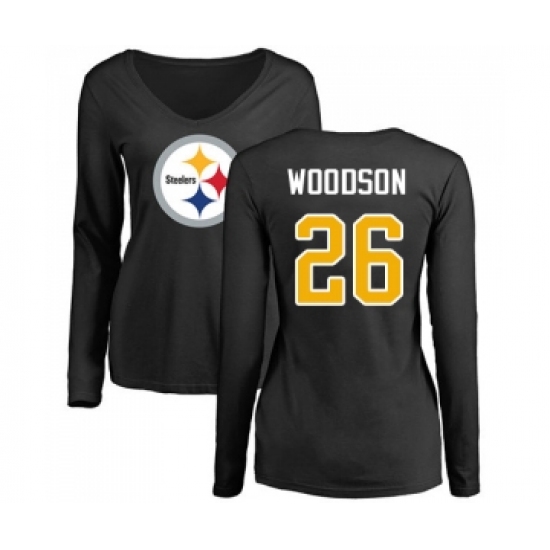 Football Women's Pittsburgh Steelers #26 Rod Woodson Black Name & Number Logo Slim Fit Long Sleeve T-Shirt - Jersey