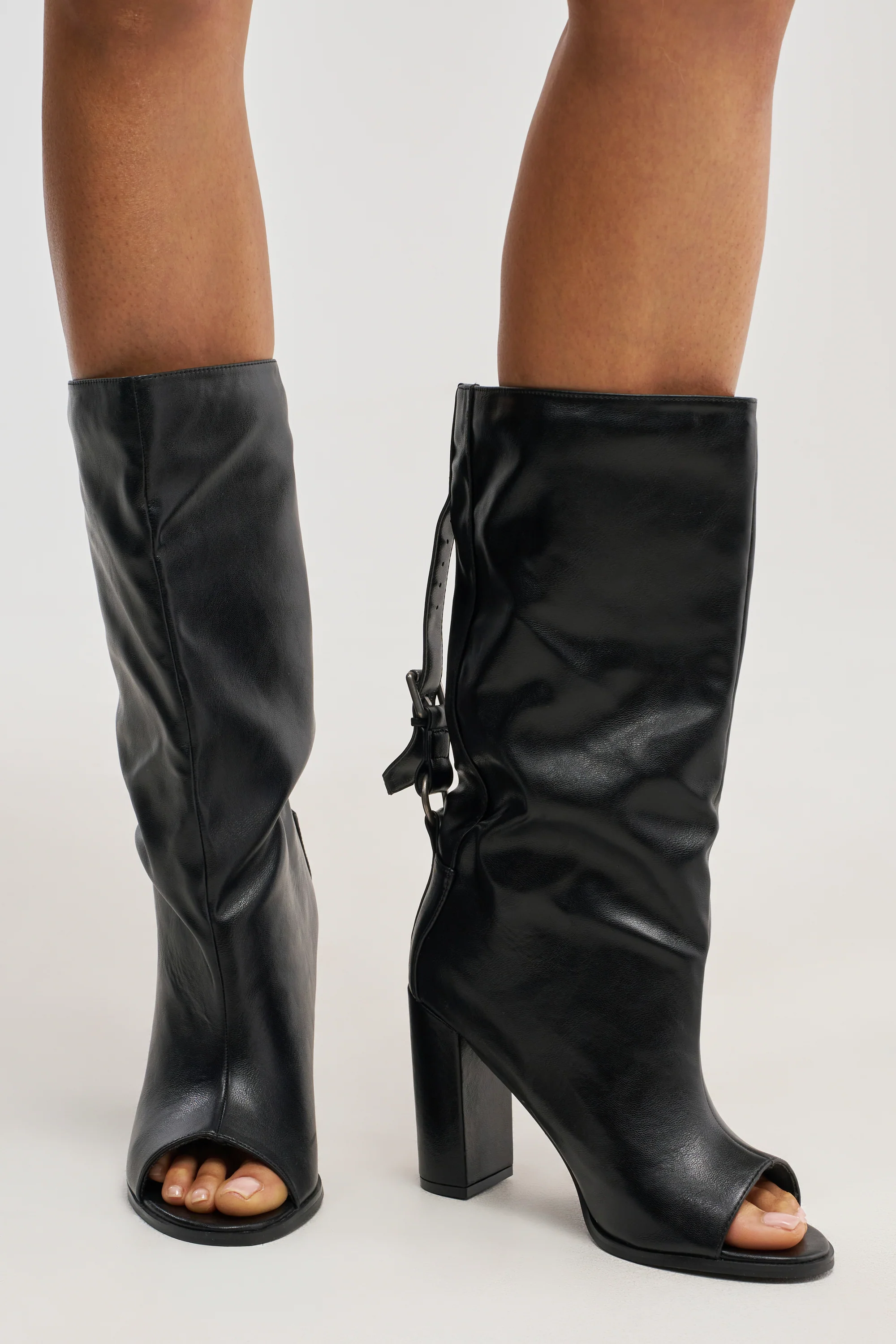 AKIRA GOLD REMIX BLACK OPEN TOE BLOCK BOOTIE - Akira Wear