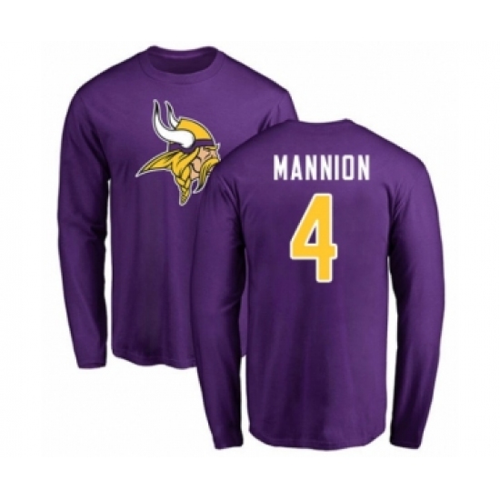 Football Minnesota Vikings #4 Sean Mannion Purple Name & Number Logo Long Sleeve T-Shirt - Jersey