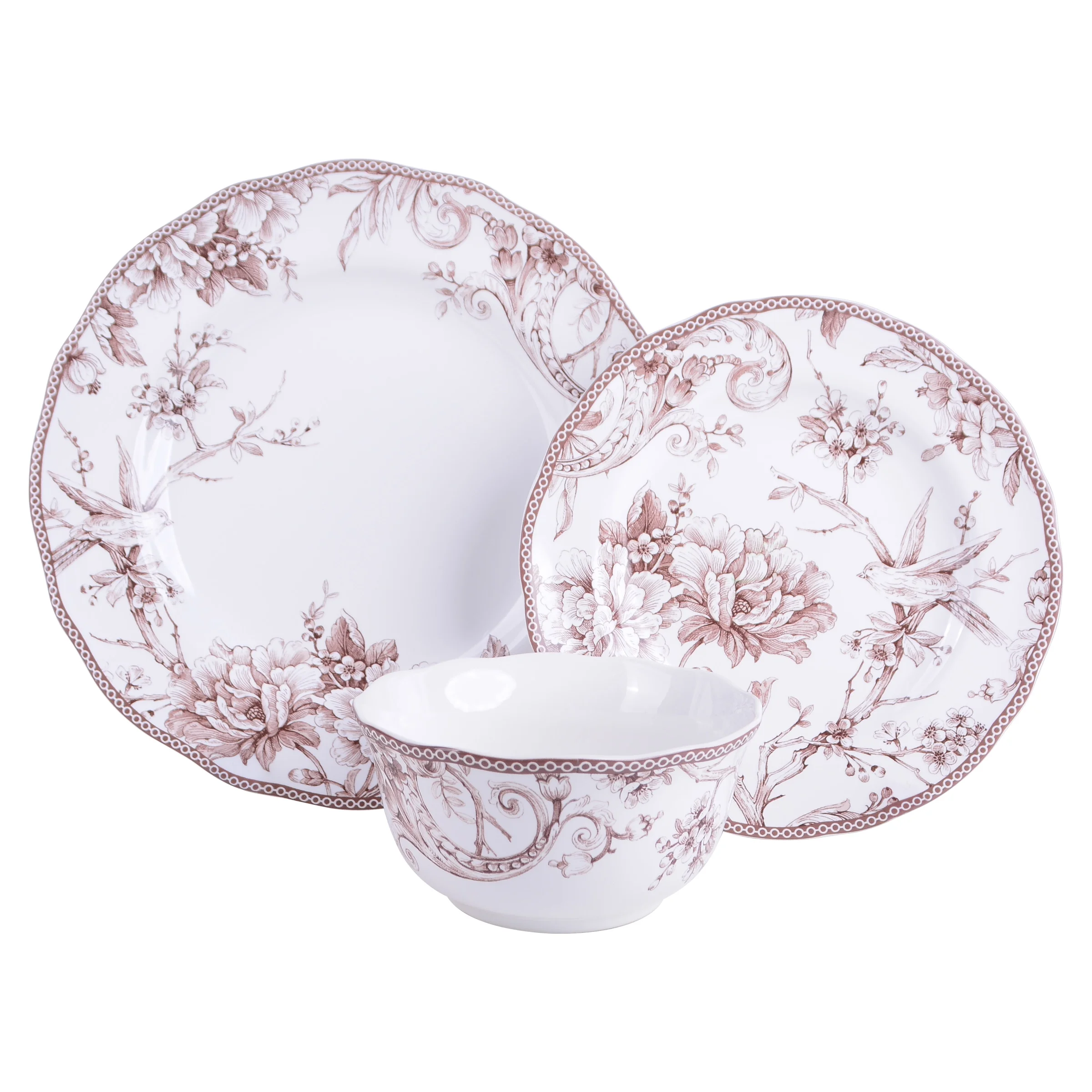 222 Fifth Adelaide Brown on White Porcelain 12 Piece Dinnerware Set, Plates & Bowls, Service for 4