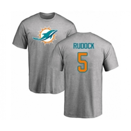 Football Miami Dolphins #5 Jake Rudock Ash Name & Number Logo T-Shirt - Jersey