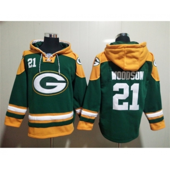 Men's Green Bay Packers #21 Charles Woodson Green Lace-Up Pullover Hoodie - Jersey