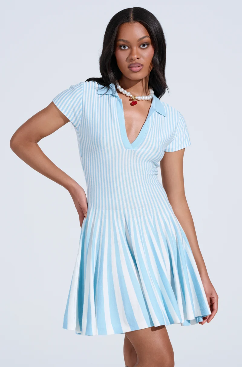 ALINA PLEATED KNIT FIT AND FLARE MINI DRESS IN BLUE - Akira Wear