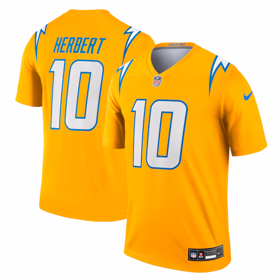Men's Los Angeles Chargers Justin Herbert Nike Gold Alternate Charger Power Legend Player Performance Top - Jersey