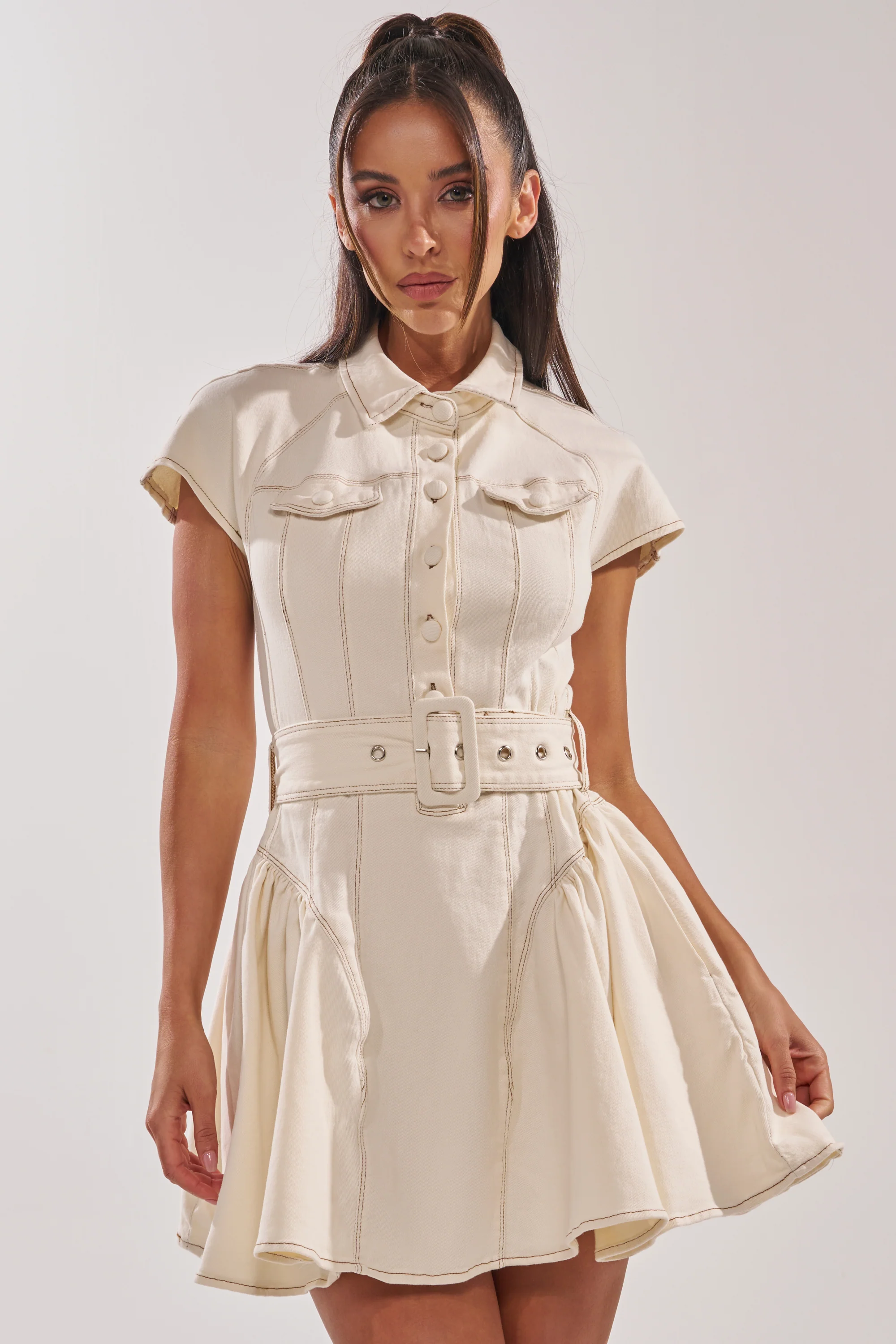 SADIE BUTTON UP DENIM MINI DRESS IN WHITE - Akira Wear