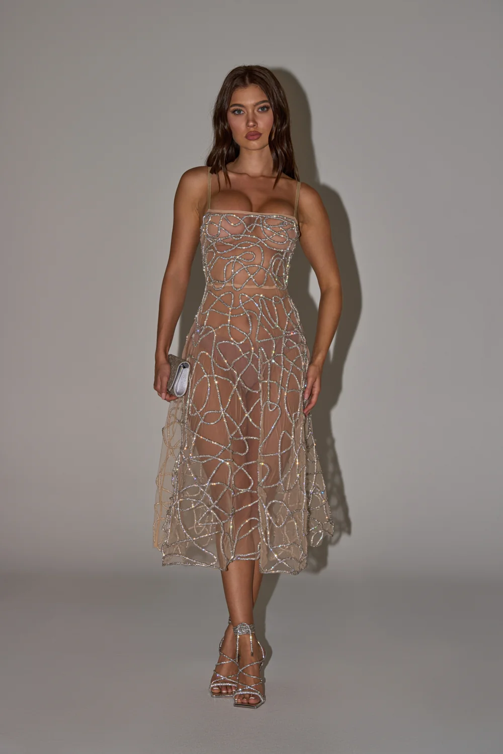 RIGHT THIS WAY RHINESTONE MIDI DRESS IN NUDE - Akira Wear