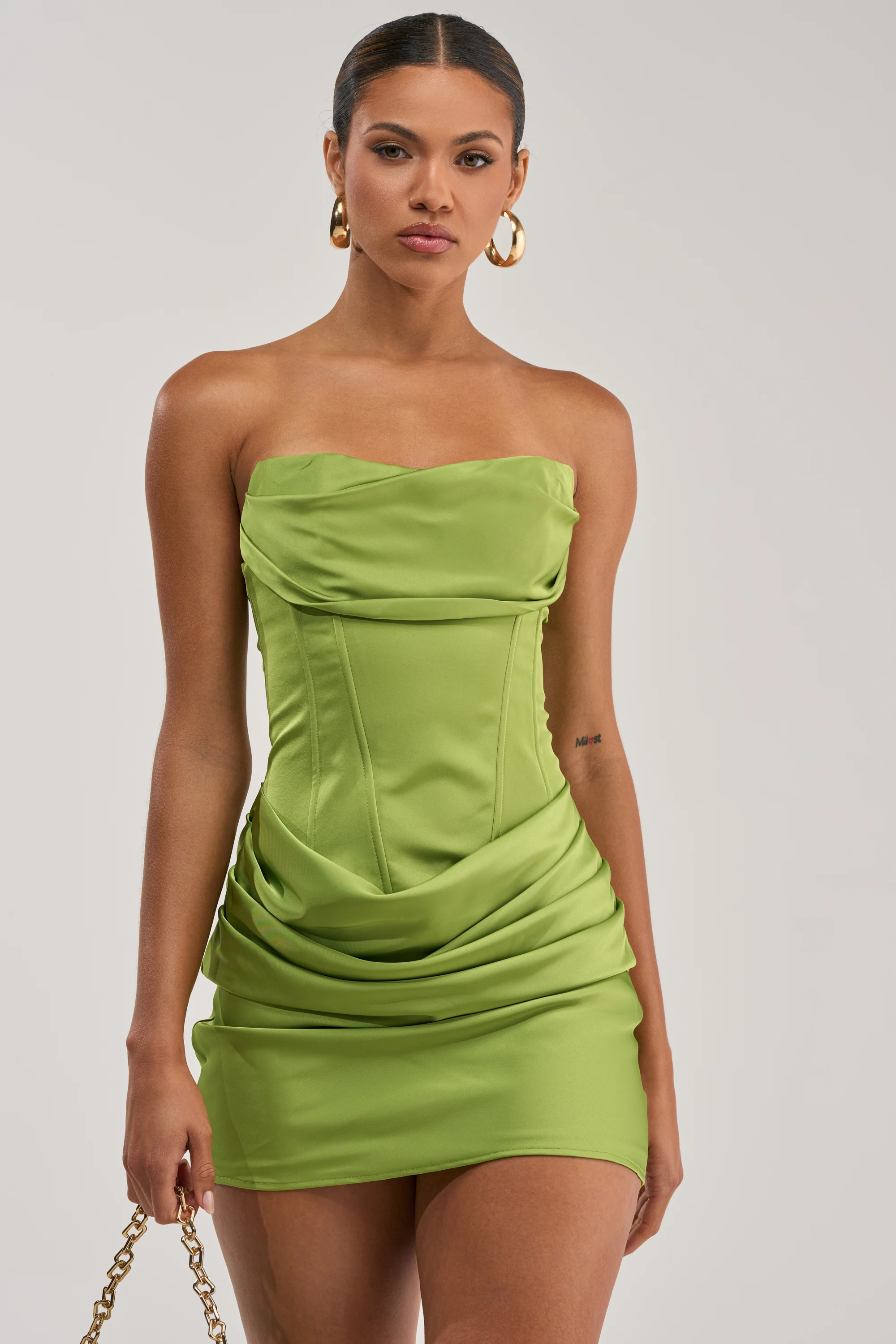 NO COMPETITION STRAPLESS SATIN MINI DRESS IN CHARTREUSE - Akira Wear
