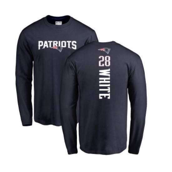 Football New England Patriots #28 James White Navy Blue Backer Long Sleeve T-Shirt - Jersey