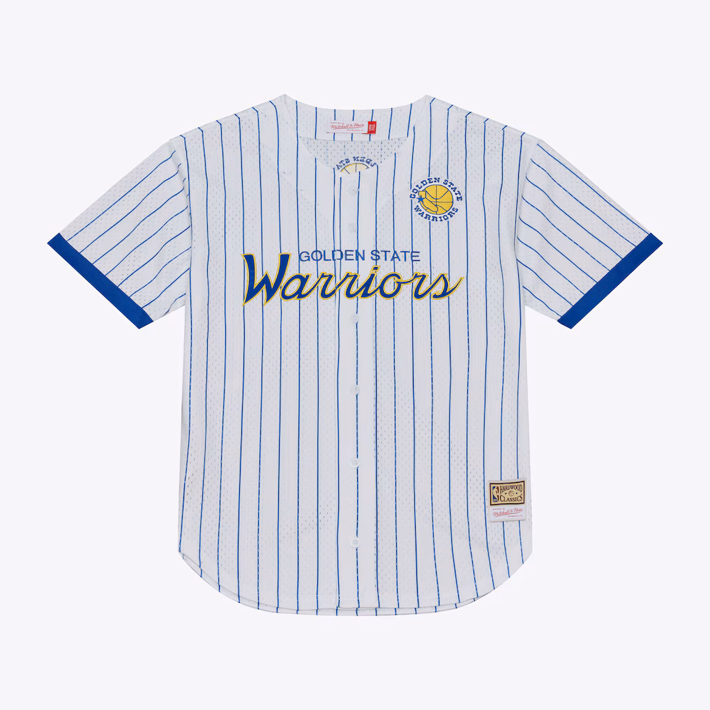 Men's Golden State Warriors Mitchell & Ness White Head Coach Pinstripe Mesh Full-Button Baseball Jersey - Jersey