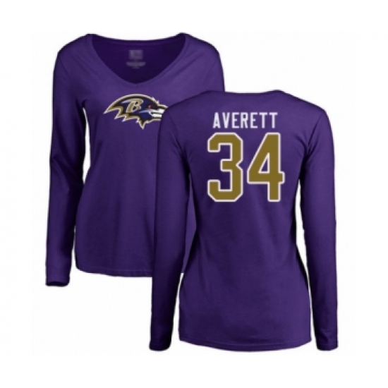 Football Women's Baltimore Ravens #34 Anthony Averett Purple Name & Number Logo Long Sleeve T-Shirt - Jersey