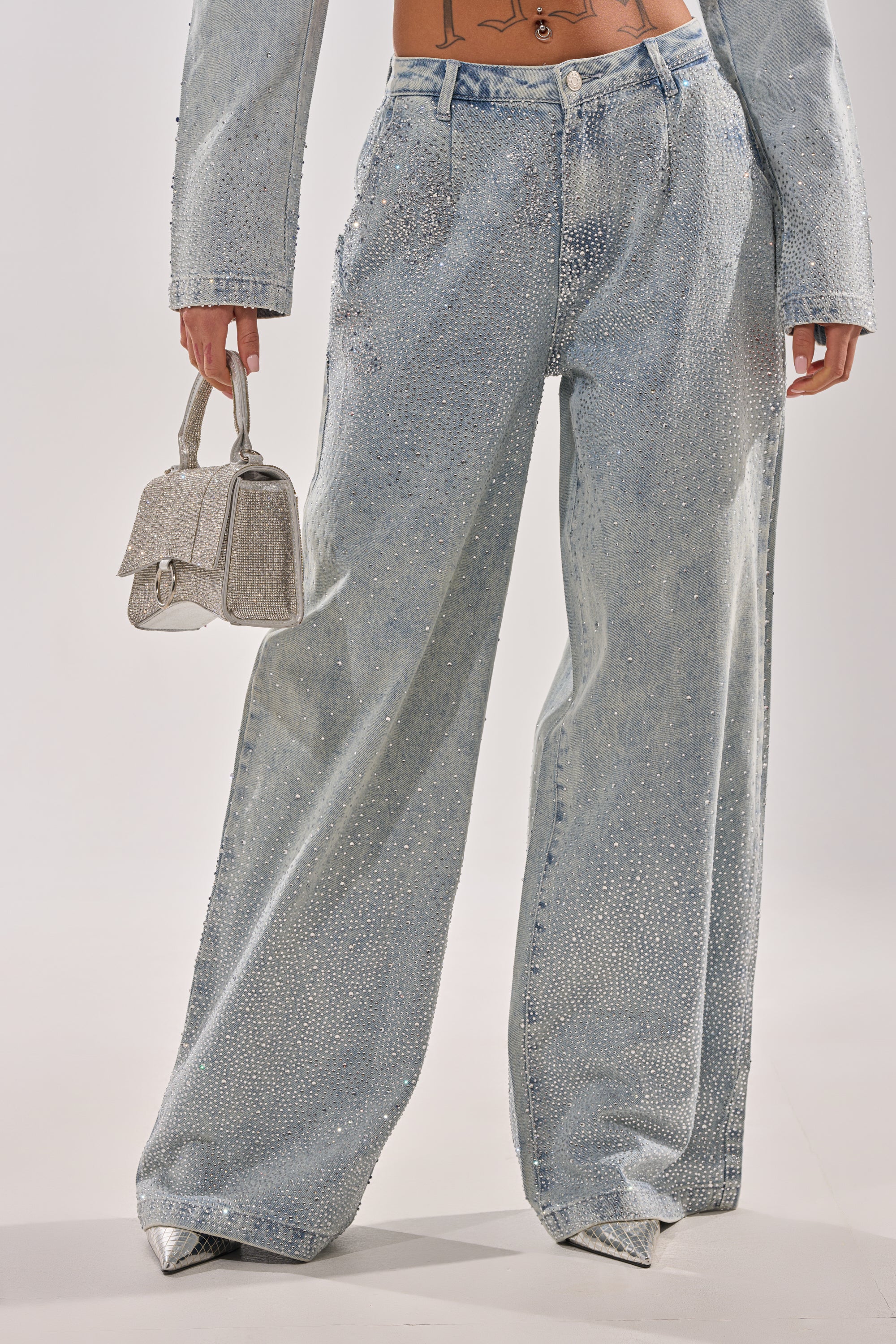 LIGHTS OUT RHINESTONE WIDE LEG DENIM - Akira Wear
