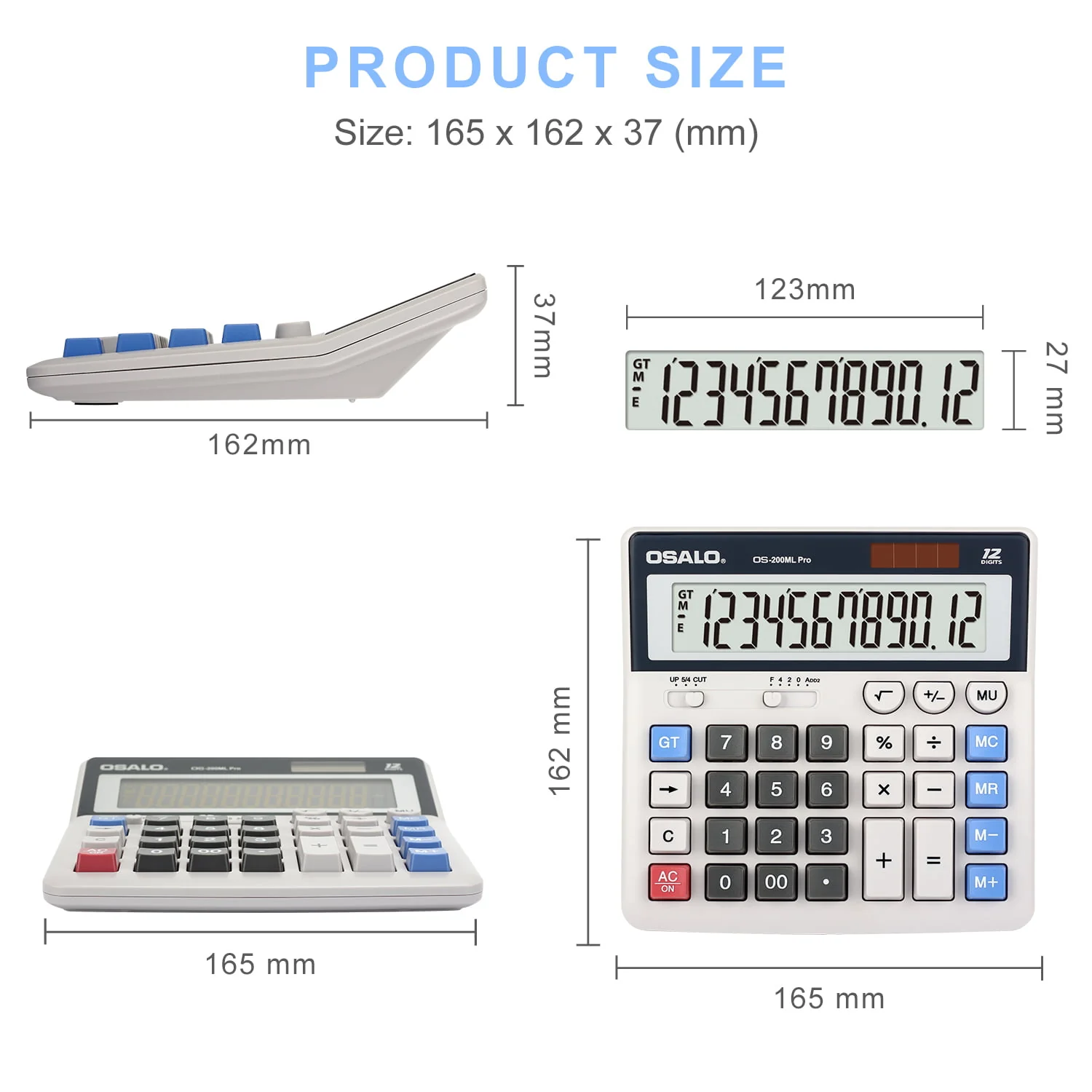 OSALO Calculator Extra Large Display Solar Big Buttons 12 Digits Desktop Calculator(OS-200ML)