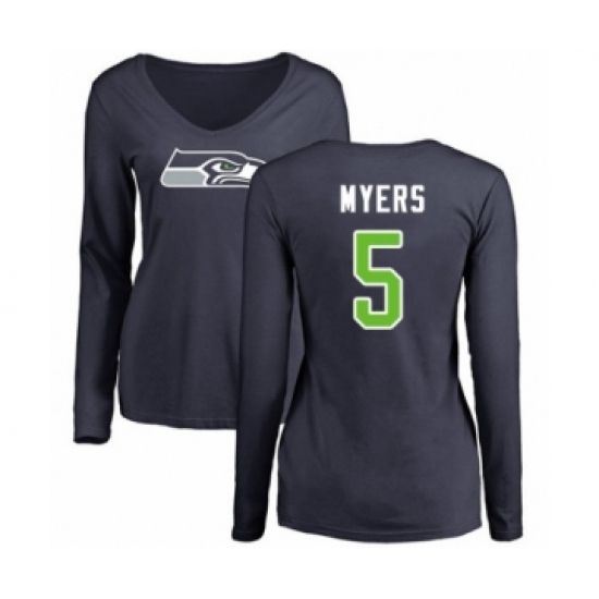 Football Women's Seattle Seahawks #5 Jason Myers Navy Blue Name & Number Logo Long Sleeve T-Shirt - Jersey
