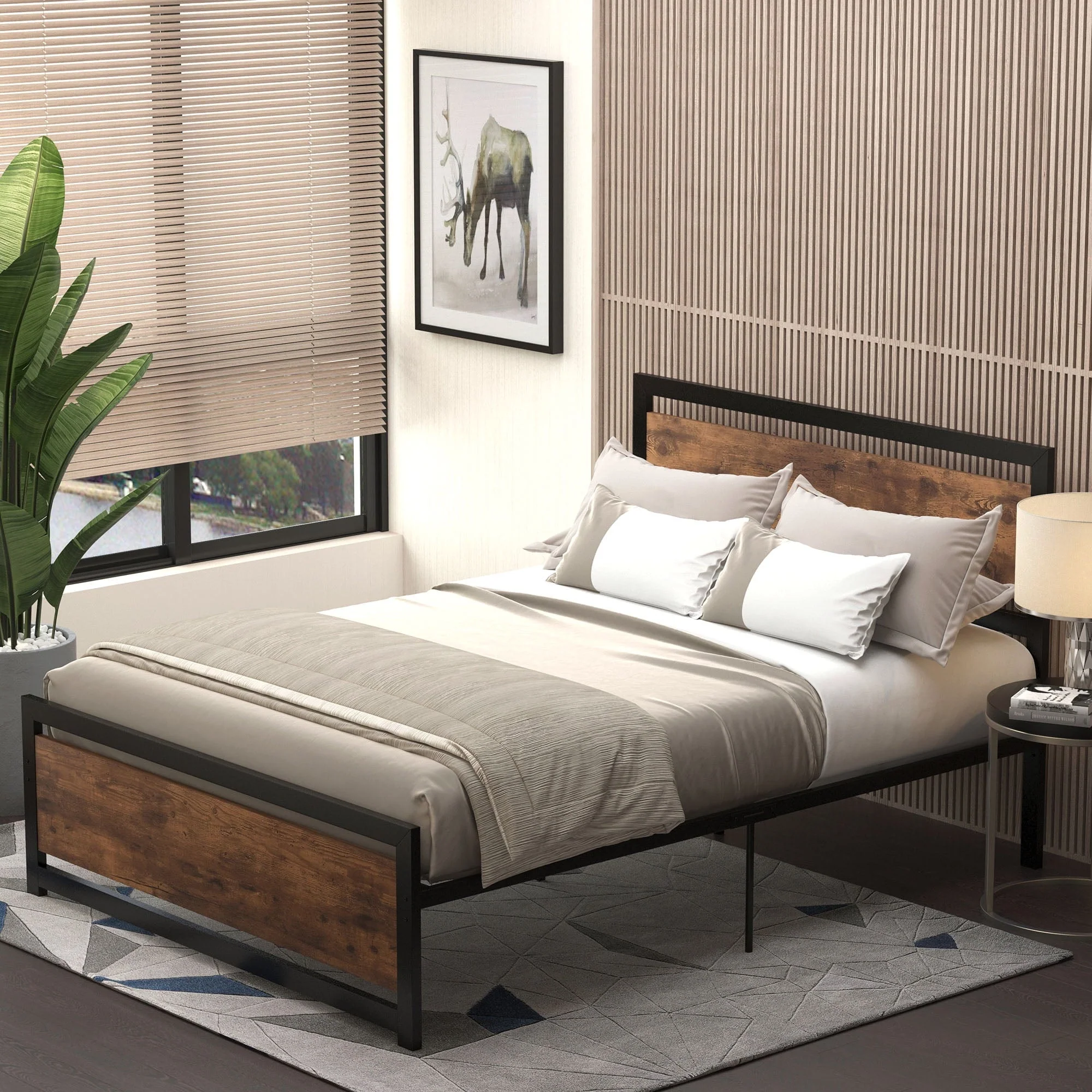 HomCom Full Platform Bed with Headboard & Footboard, Strong Metal Slat Support Bed Frame with Underbed Storage Space, No Box Spring Needed, 56.75