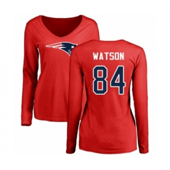 Football Women's New England Patriots #84 Benjamin Watson Red Name & Number Logo Slim Fit Long Sleeve T-Shirt - Jersey