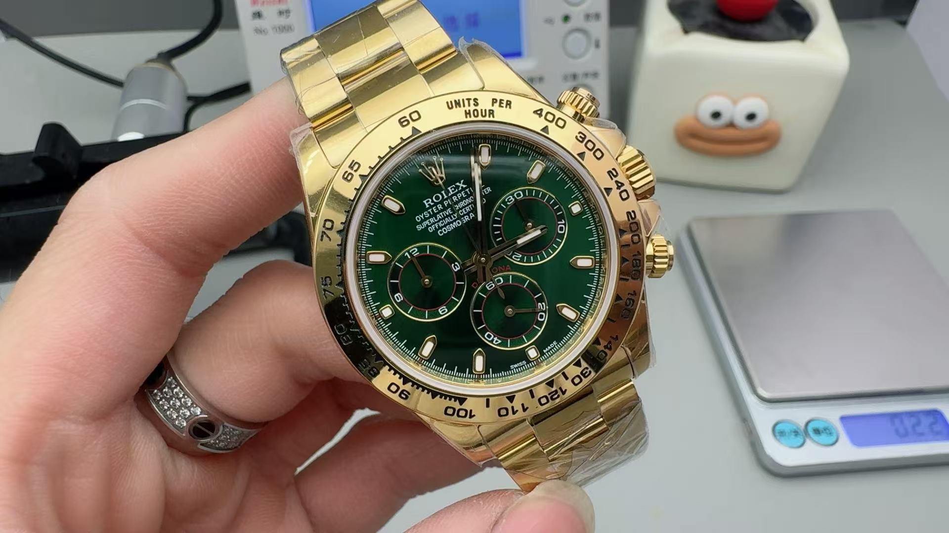 Code No. 12 Rolex Cosmograph Daytona Automatic Chronograph Watch, Full Yellow Gold Case Green Dial