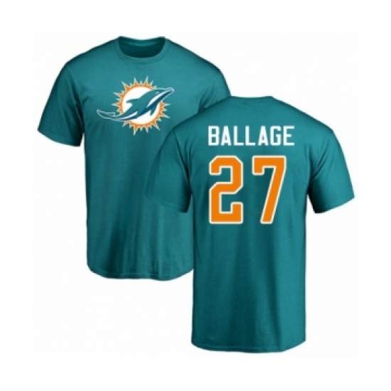 Football Miami Dolphins #27 Kalen Ballage Aqua Green Name & Number Logo T-Shirt - Jersey