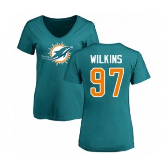 Football Women's Miami Dolphins #97 Christian Wilkins Aqua Green Name & Number Logo T-Shirt - Jersey
