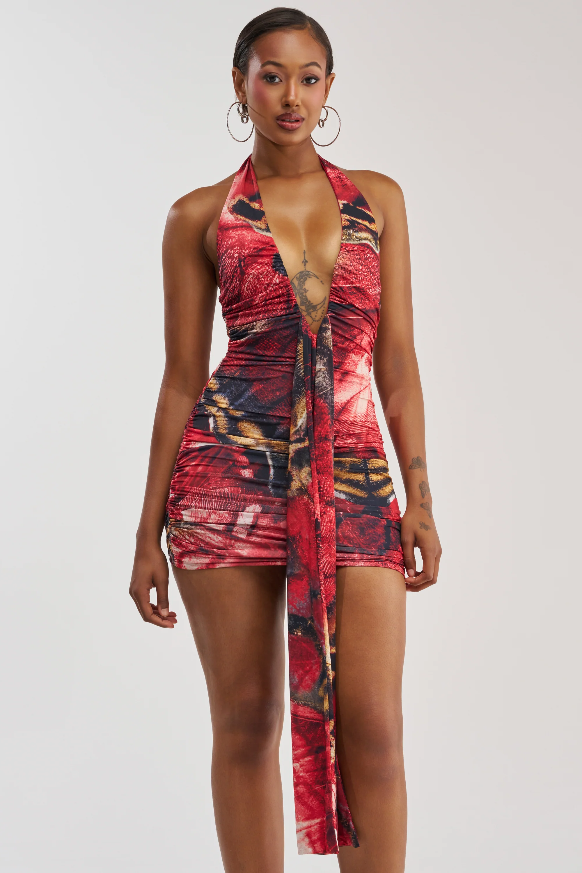 I DARE YOU PLUNGING MINI DRESS IN RED MULTI - Akira Wear