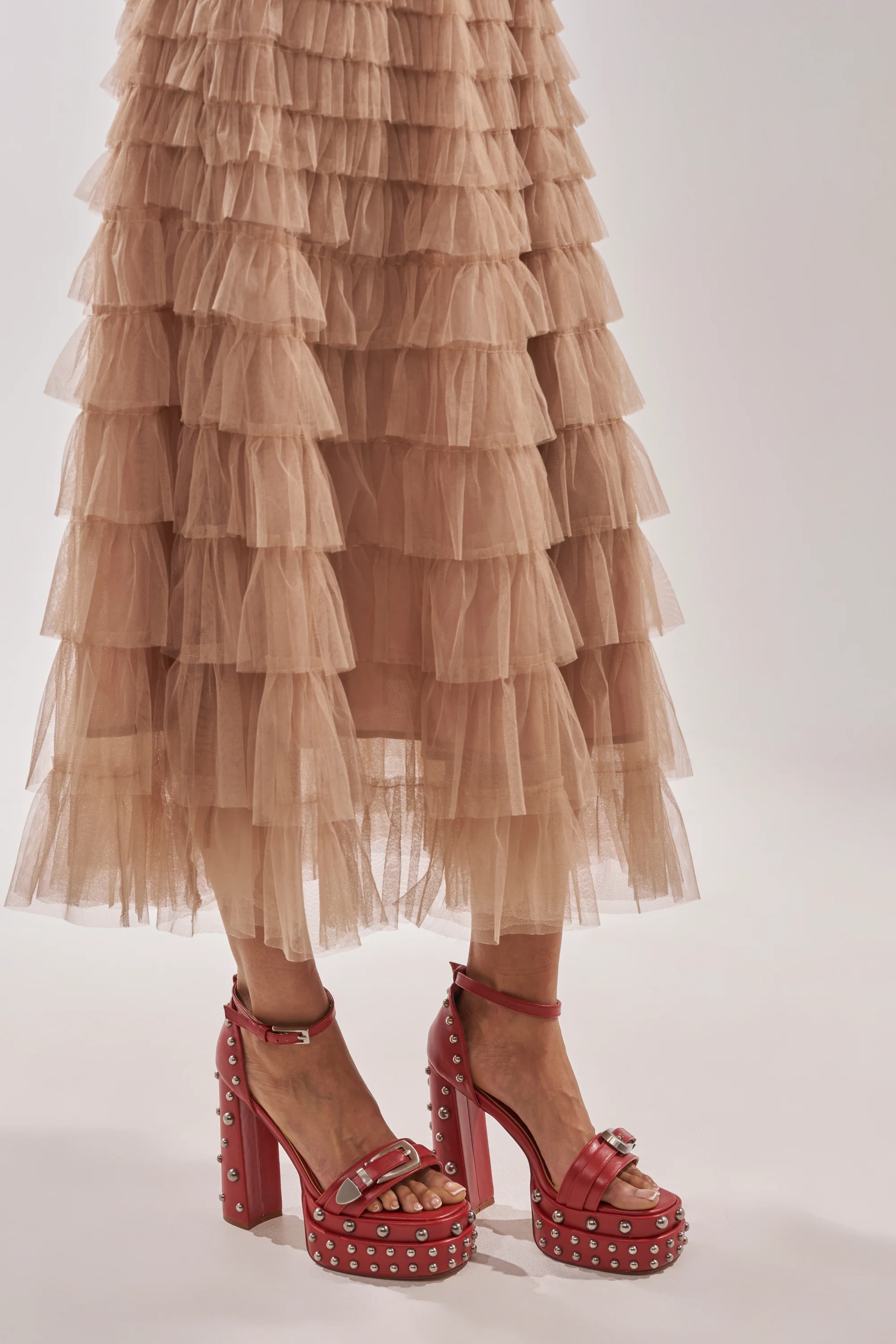 AZALEA WANG EUGENIJA RED CHUNKY EMBELLISHED STUDDED SANDAL - Akira Wear