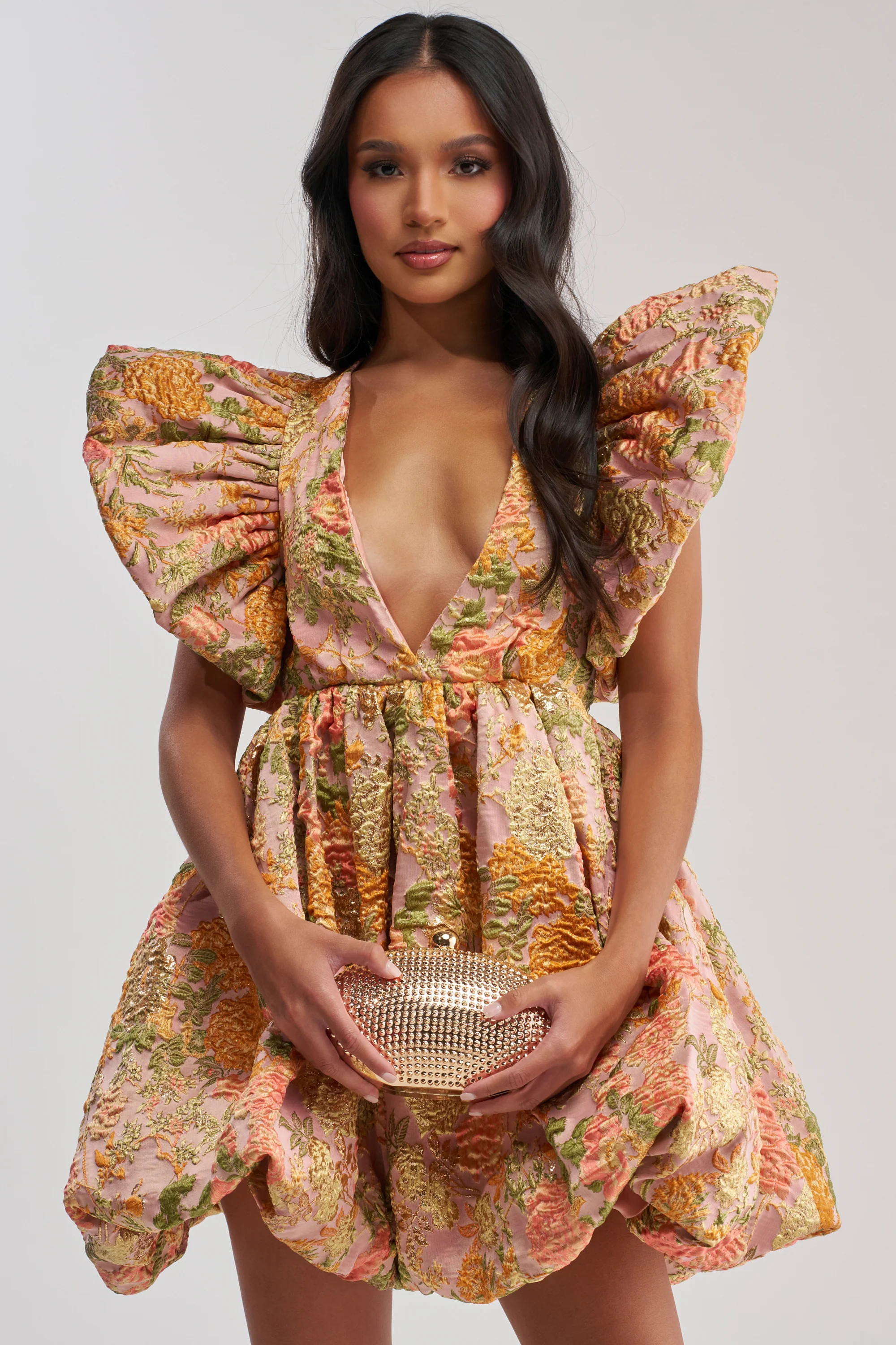 MAIN CHARACTER ENERGY BROCADE MINI DRESS IN PEACH - Akira Wear