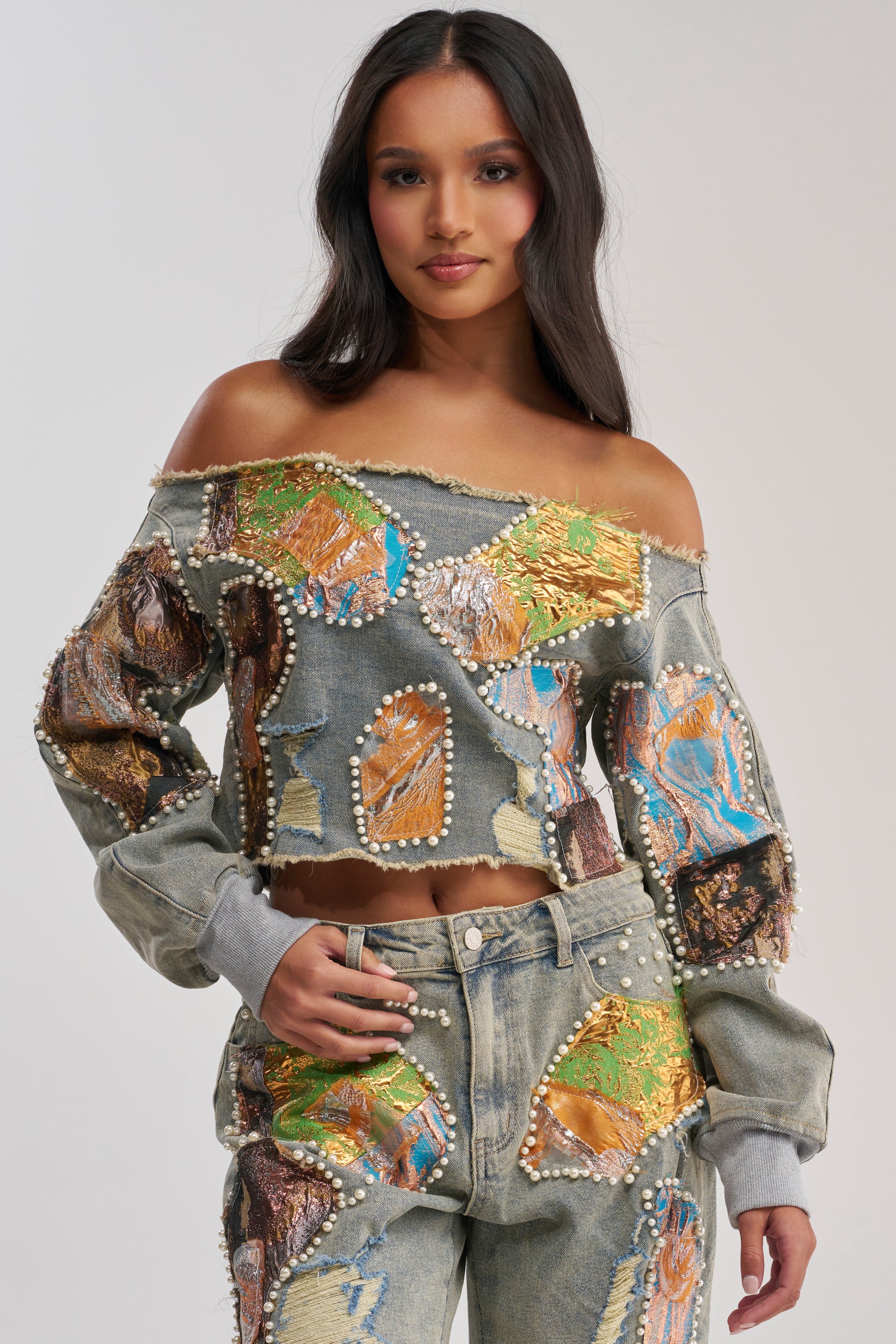 PATCHED UP BROCADE DENIM SWEATSHIRT - Akira Wear