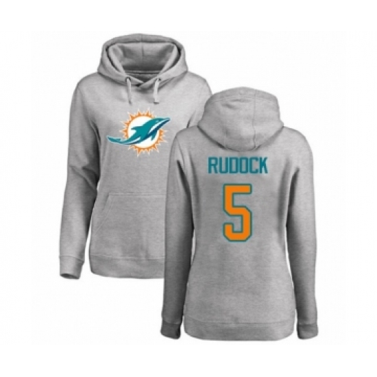 Football Women's Miami Dolphins #5 Jake Rudock Ash Name & Number Logo Pullover Hoodie - Jersey