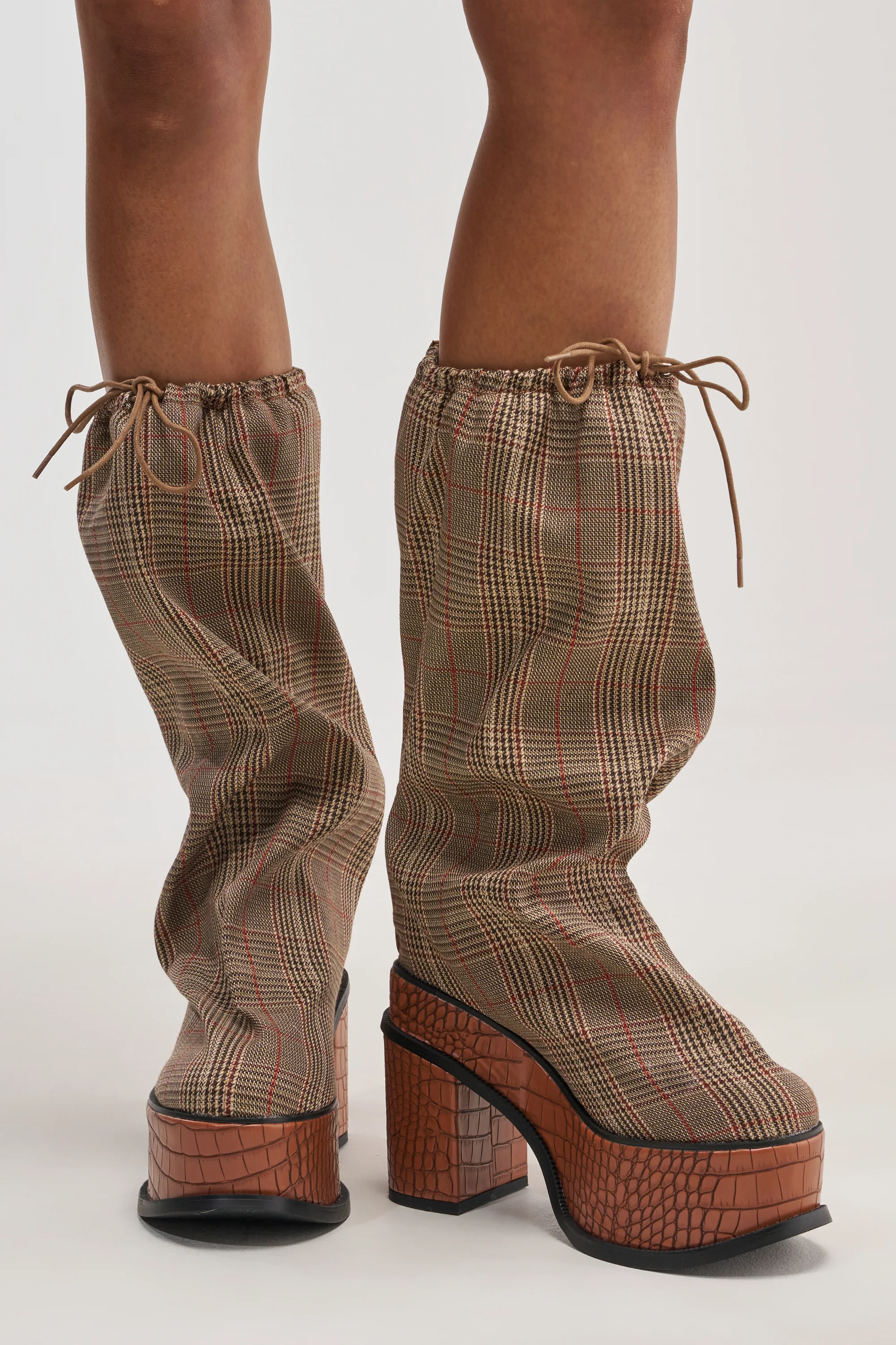 AZALEA WANG LESLIE PLAID BLOCK PLATFORM SLOUCHY BOOT - Akira Wear