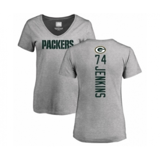 Football Women's Green Bay Packers #74 Elgton Jenkins Ash Backer V-Neck T-Shirt - Jersey