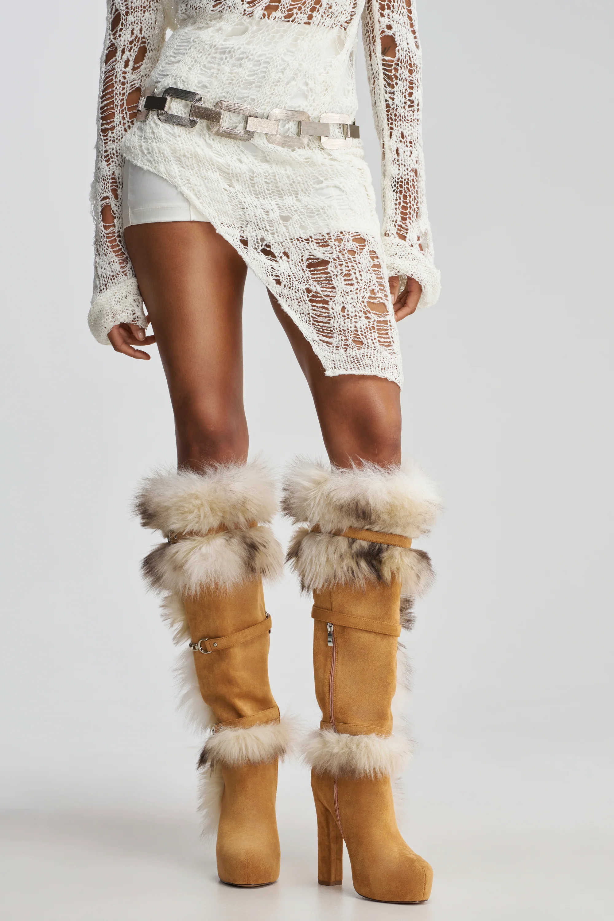 AZALEA WANG RYLAN CAMEL FAUX SUEDE AND FUR BLOCK BOOT - Akira Wear