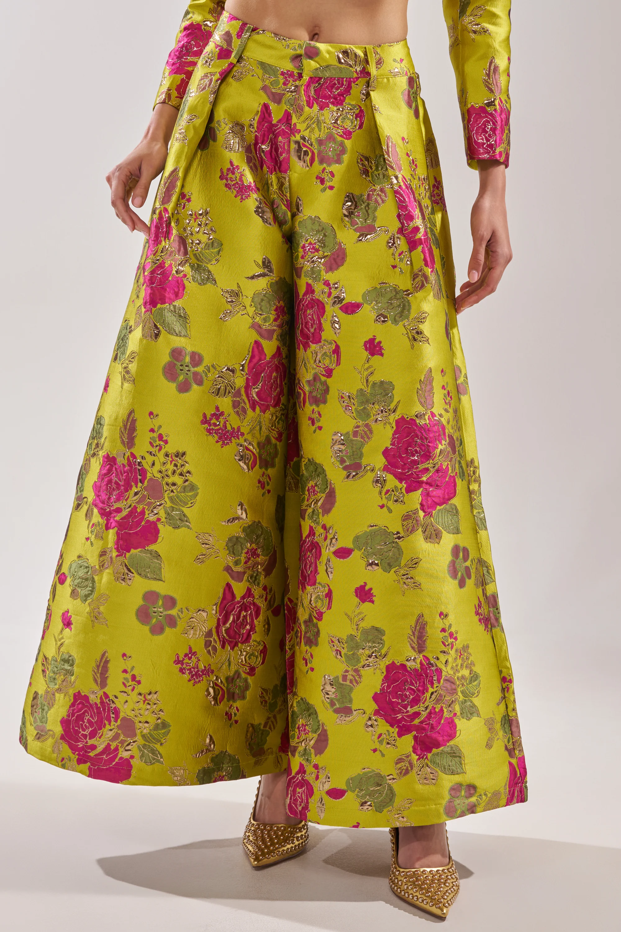 BUY MYSELF FLOWERS BROCADE TROUSER IN LIME - Akira Wear