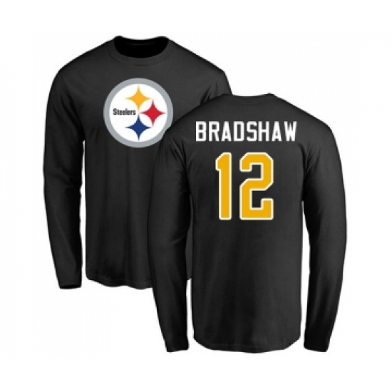 Football Pittsburgh Steelers #12 Terry Bradshaw Black Name & Number Logo Long Sleeve T-Shirt - Jersey