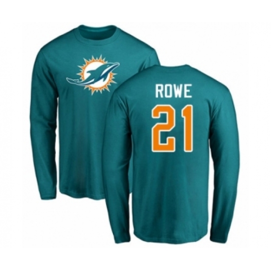 Football Miami Dolphins #21 Eric Rowe Aqua Green Name & Number Logo Long Sleeve T-Shirt - Jersey