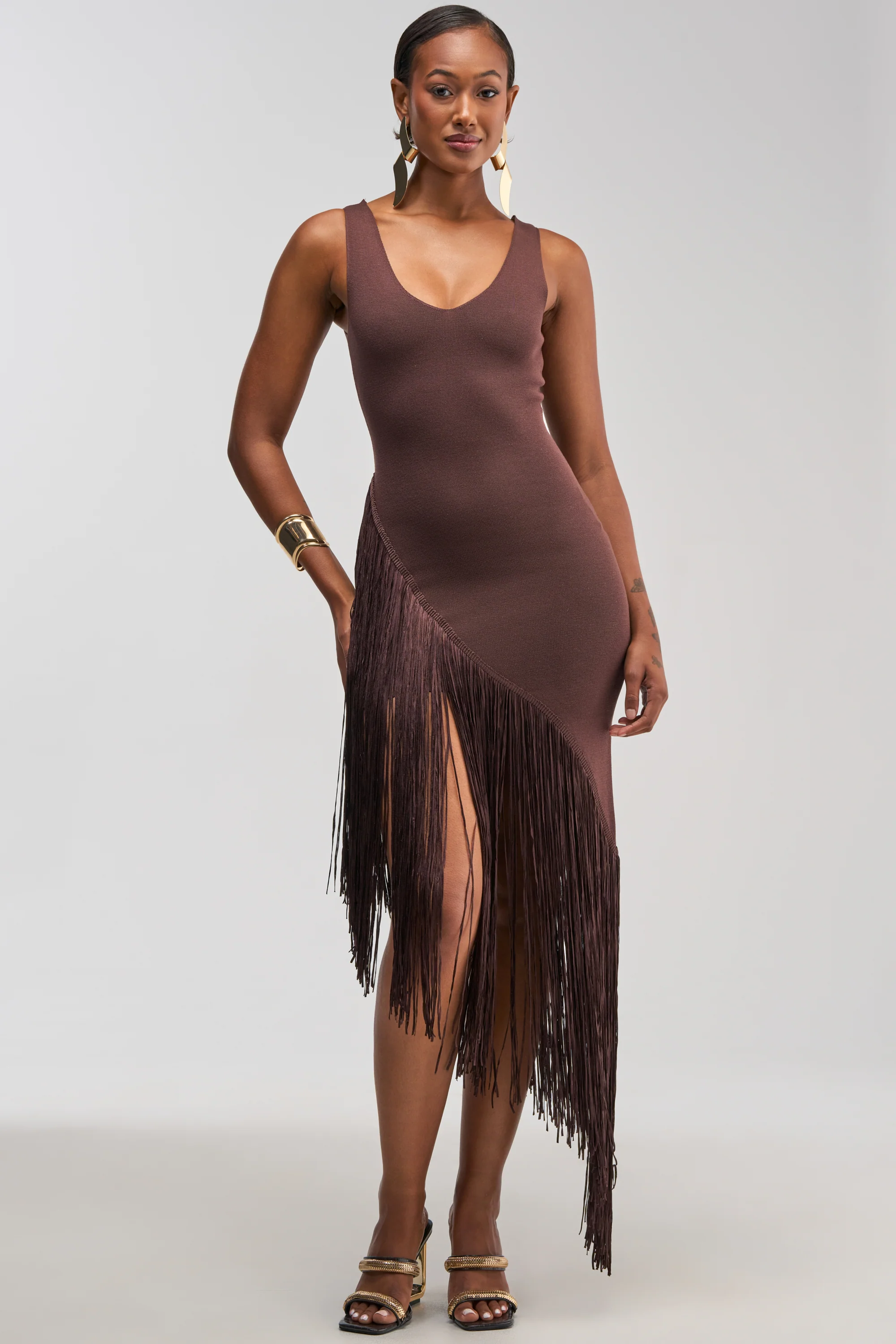 SHAKE IT FRINGE MIDI DRESS IN BROWN - Akira Wear