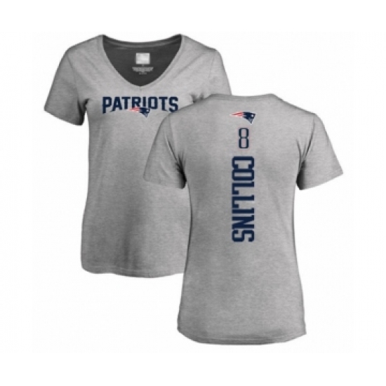 Football Women's New England Patriots #8 Jamie Collins Ash Backer V-Neck T-Shirt - Jersey
