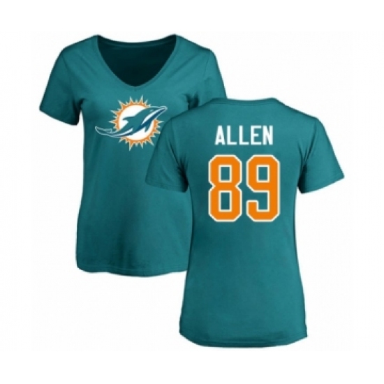 Football Women's Miami Dolphins #89 Dwayne Allen Aqua Green Name & Number Logo T-Shirt - Jersey