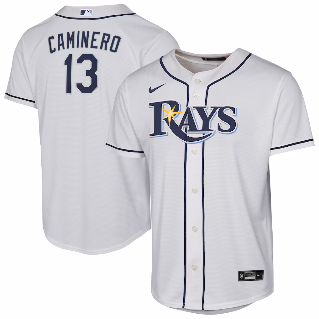 Youth Tampa Bay Rays Junior Caminero Nike White Home Replica Player Jersey - Jersey