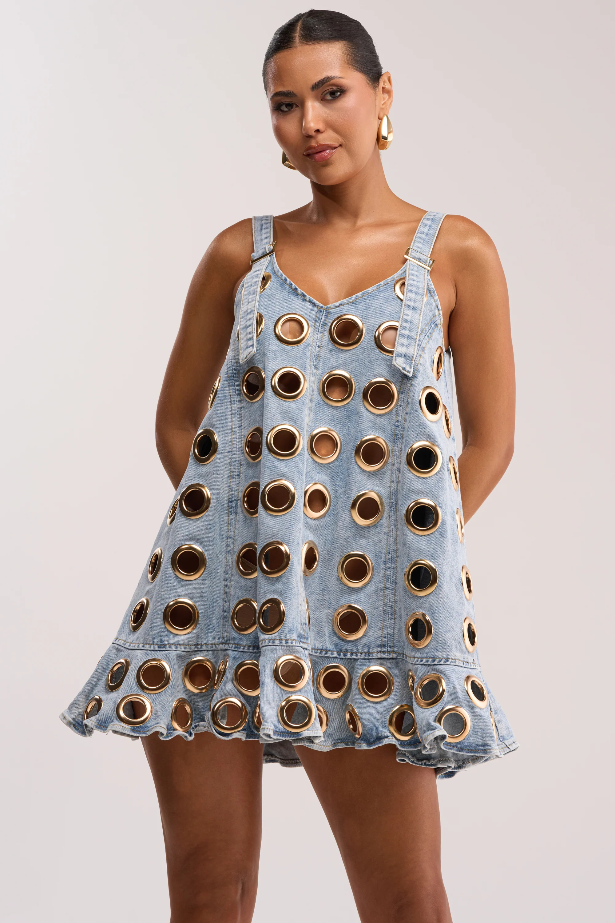 BACKSTAGE PASS GROMMET MINI DRESS IN LIGHT DENIM - Akira Wear