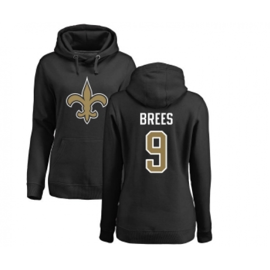 Football Women's New Orleans Saints #9 Drew Brees Black Name & Number Logo Pullover Hoodie - Jersey