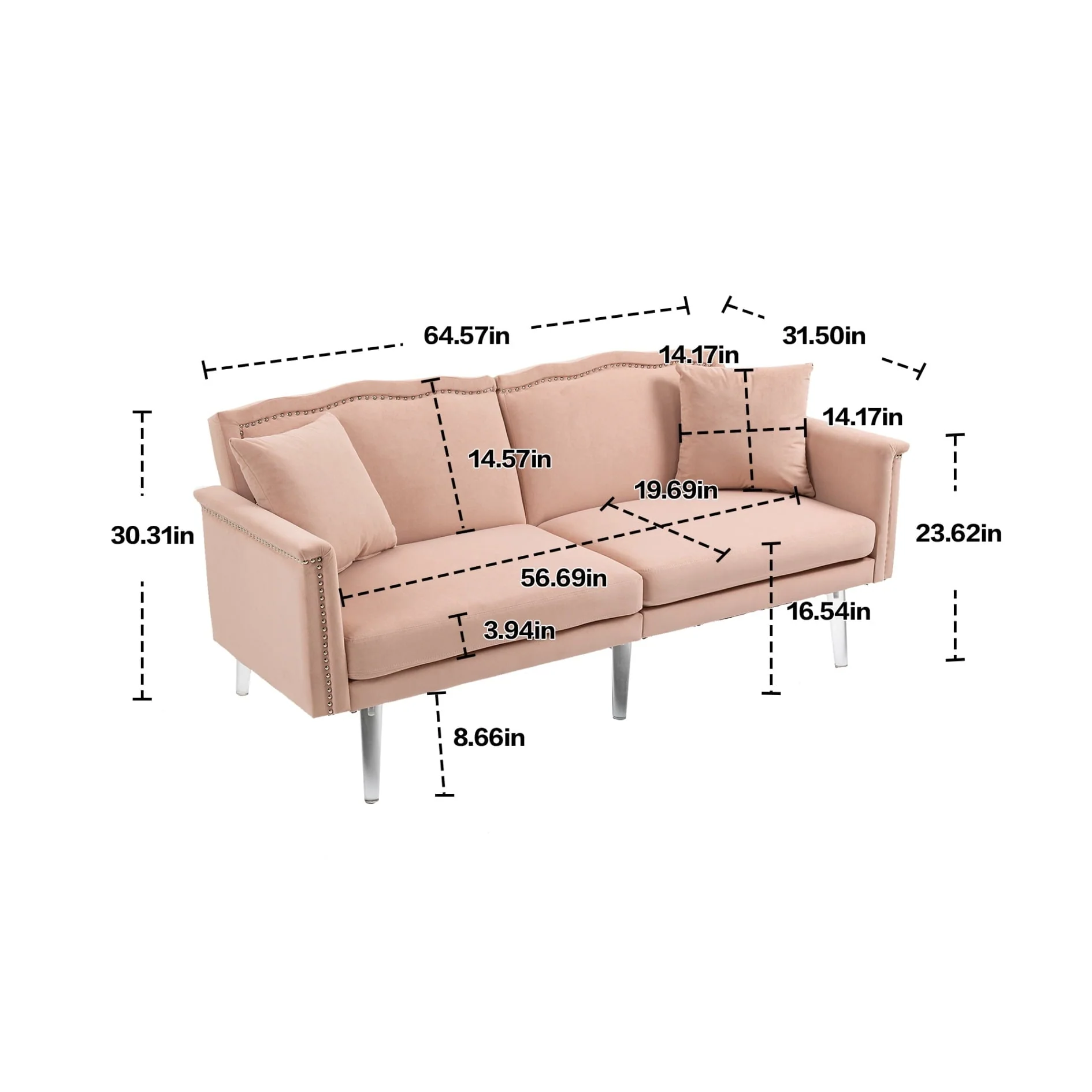 Velvet Futon Sofa Bed, Convertible Futon Couch with Adjustable Backrest, Small Sleeper Sofa Loveseat with 2 Decorative Pillows for Living Room Bedroom Office, Pink