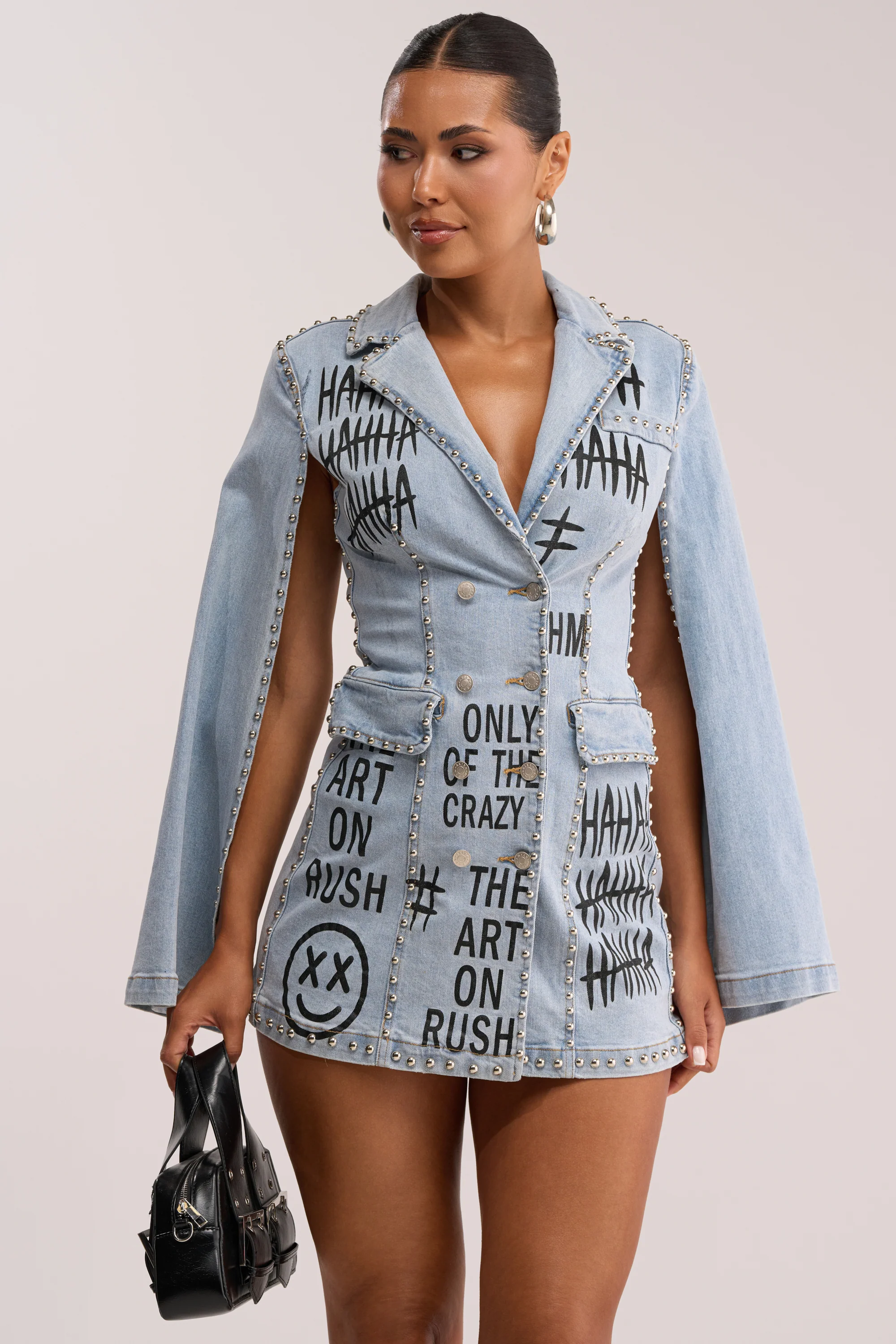 MARK MY WORDS GRAPHIC STUDDED CAPE DRESS - Akira Wear