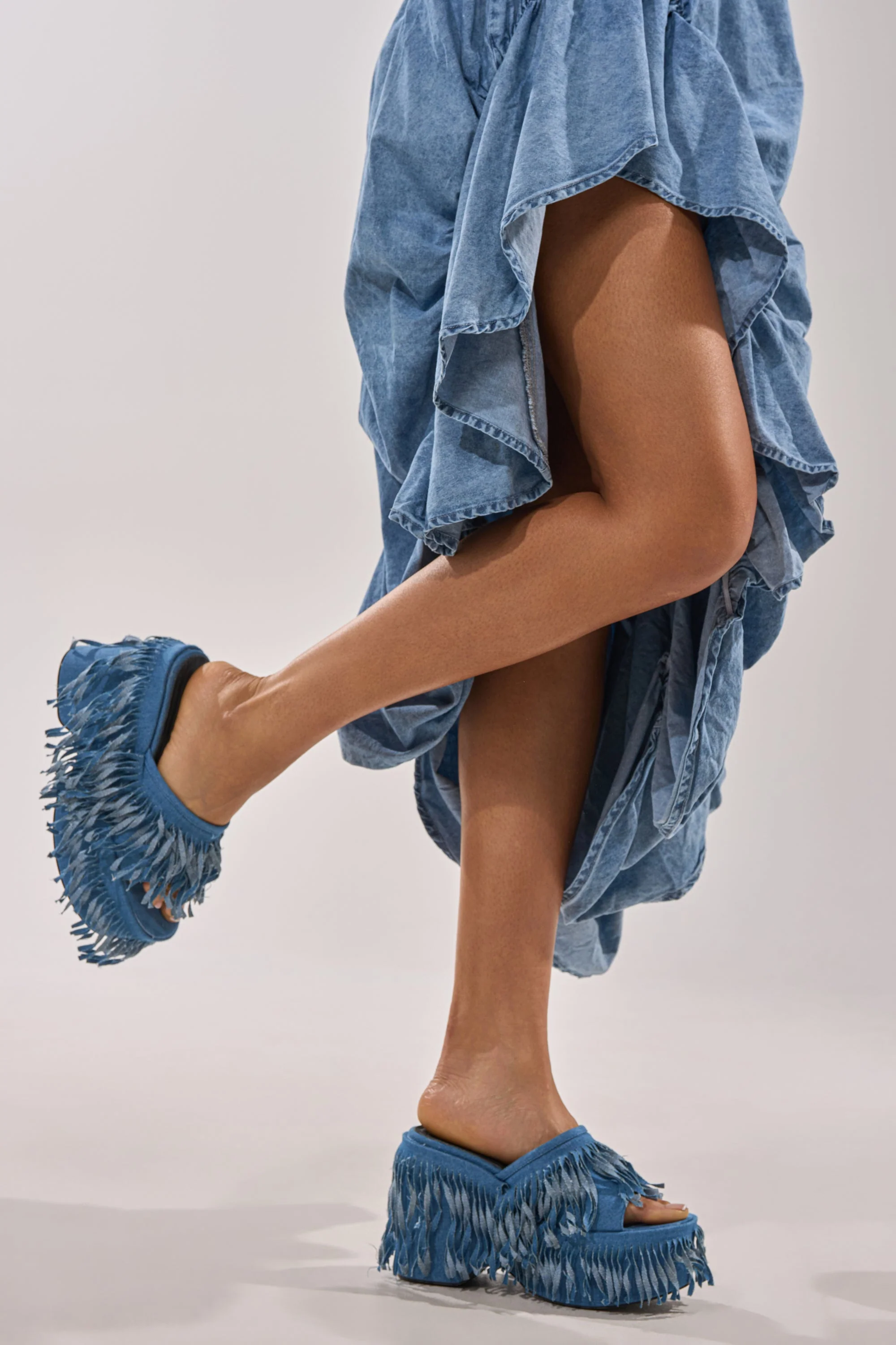 AKIRA GOLD RAMESHA DENIM FRINGE PLATFORM SANDAL - Akira Wear