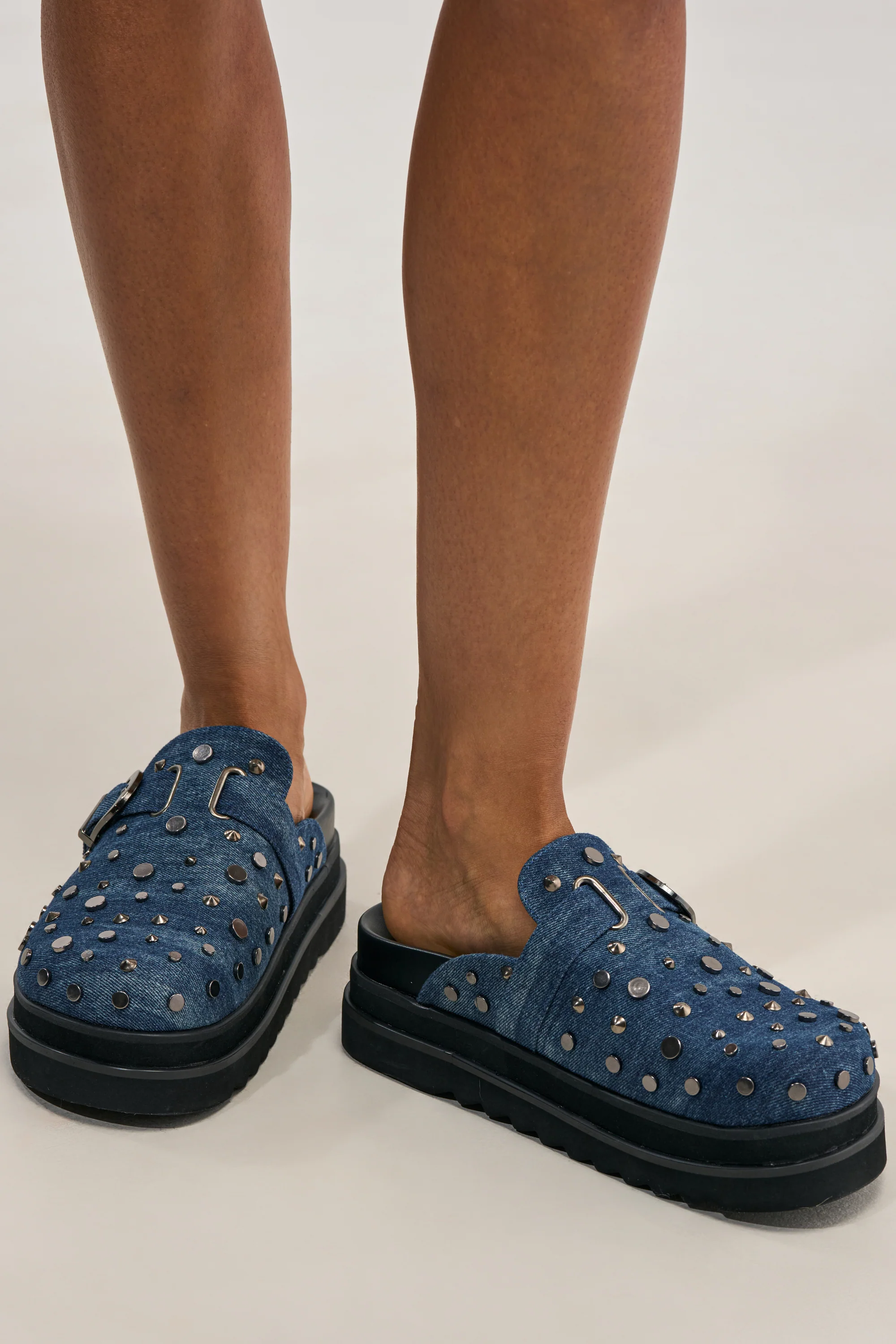AKIRA GOLD BILLIANNA DENIM FLAT CLOG WITH HARDWARE - Akira Wear