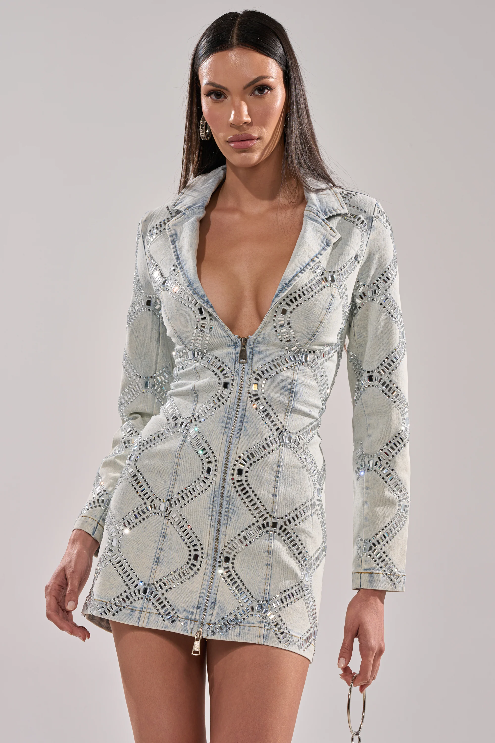 LOOK AT ME RHINESTONE BLAZER DRESS IN LIGHT BLUE DENIM - Akira Wear