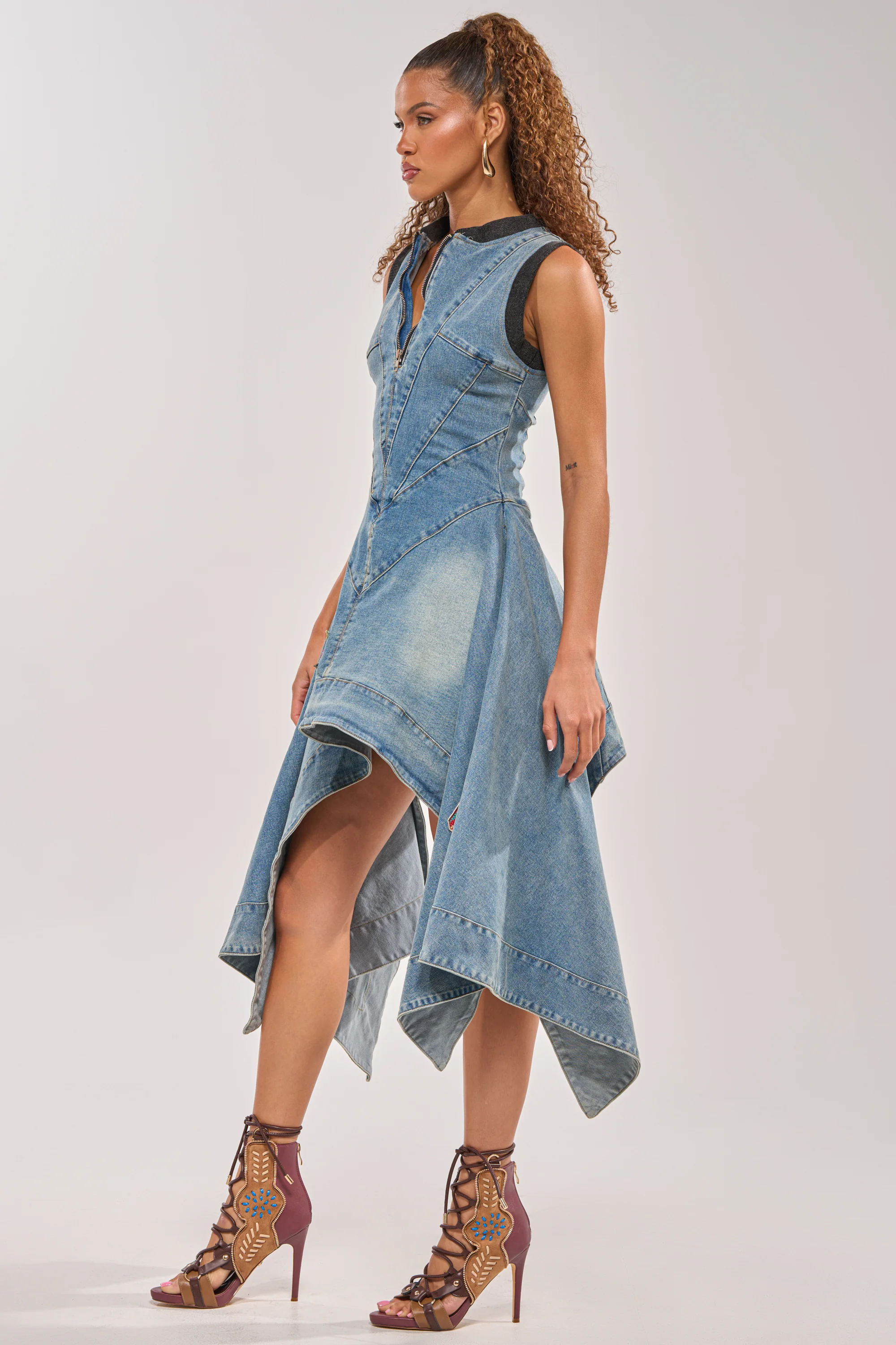BALLER OFF DUTY DENIM PATCHWORK MINI DRESS - Akira Wear