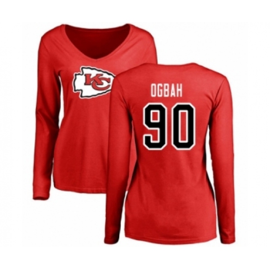 Football Women's Kansas City Chiefs #90 Emmanuel Ogbah Red Name & Number Logo Slim Fit Long Sleeve T-Shirt - Jersey