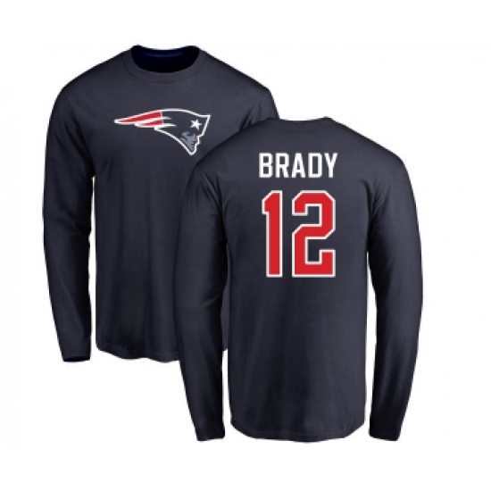 Football New England Patriots #12 Tom Brady Navy Blue Name & Number Logo Long Sleeve T-Shirt - Jersey