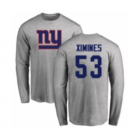 Football New York Giants #53 Oshane Ximines Ash Name & Number Logo Long Sleeve T-Shirt - Jersey