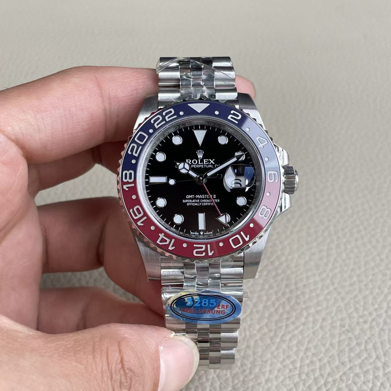 Code No. 10 Rolex GMT‑Master II Automatic Dual‑Time Watch, Pepsi Red‑Blue Bezel, Jubilee Bracelet