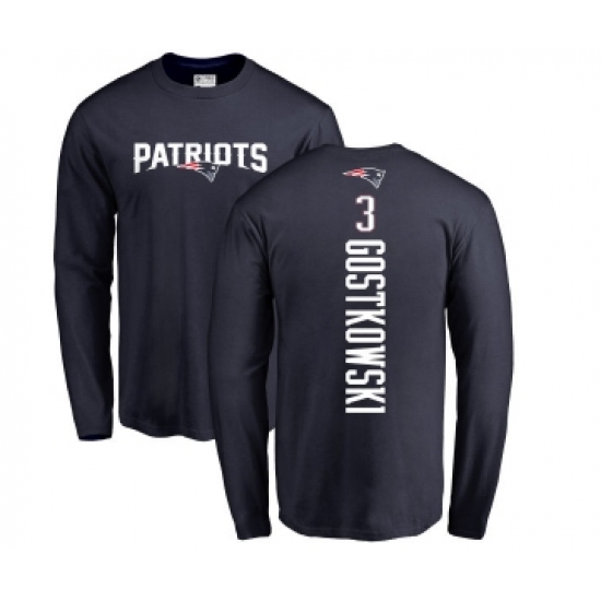 Football New England Patriots #3 Stephen Gostkowski Navy Blue Backer Long Sleeve T-Shirt - Jersey